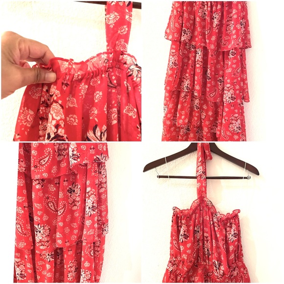 NEW MISA Los Angeles Halter Neck Ruffle Tiered Floral Maxi Dress Red Boho Summer - Picture 15 of 16